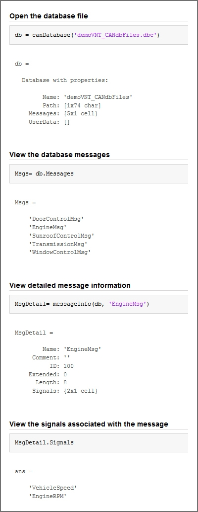Пример кода, показывающий, как просмотреть сообщения, используя информацию, хранящуюся в файлах базы данных.